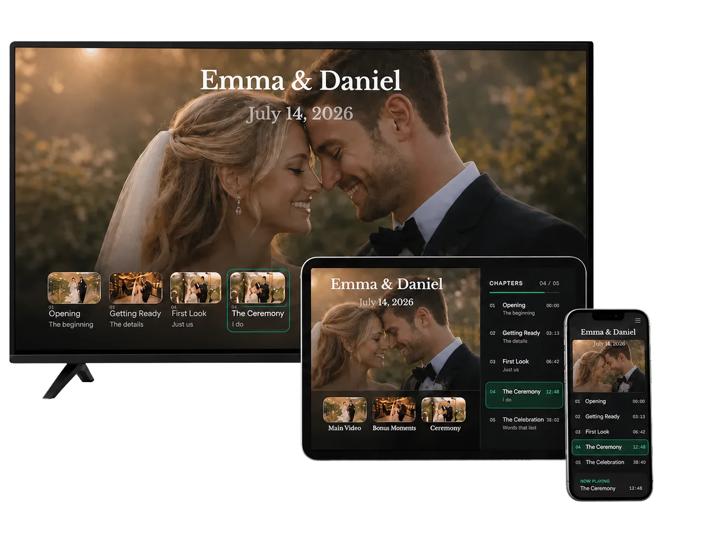 The same TouchStory wedding experience displayed on a television, tablet, and phone