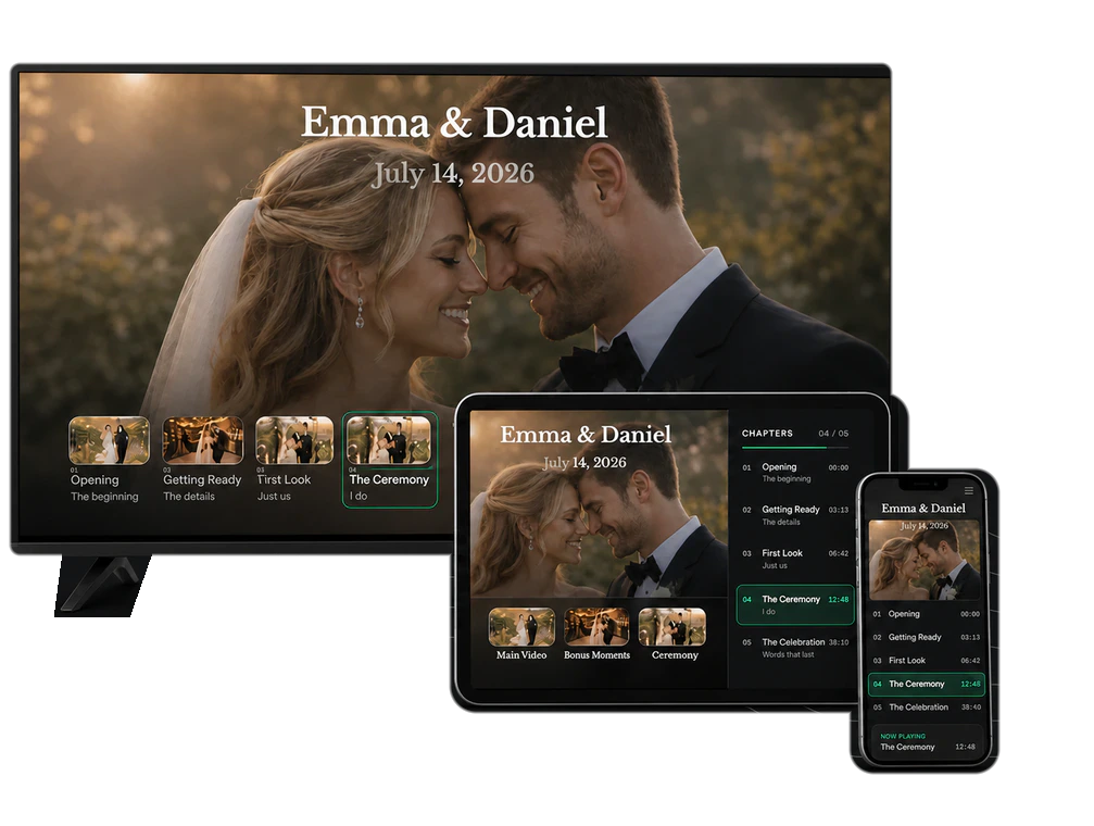 The same TouchStory wedding experience displayed on a television, tablet, and phone