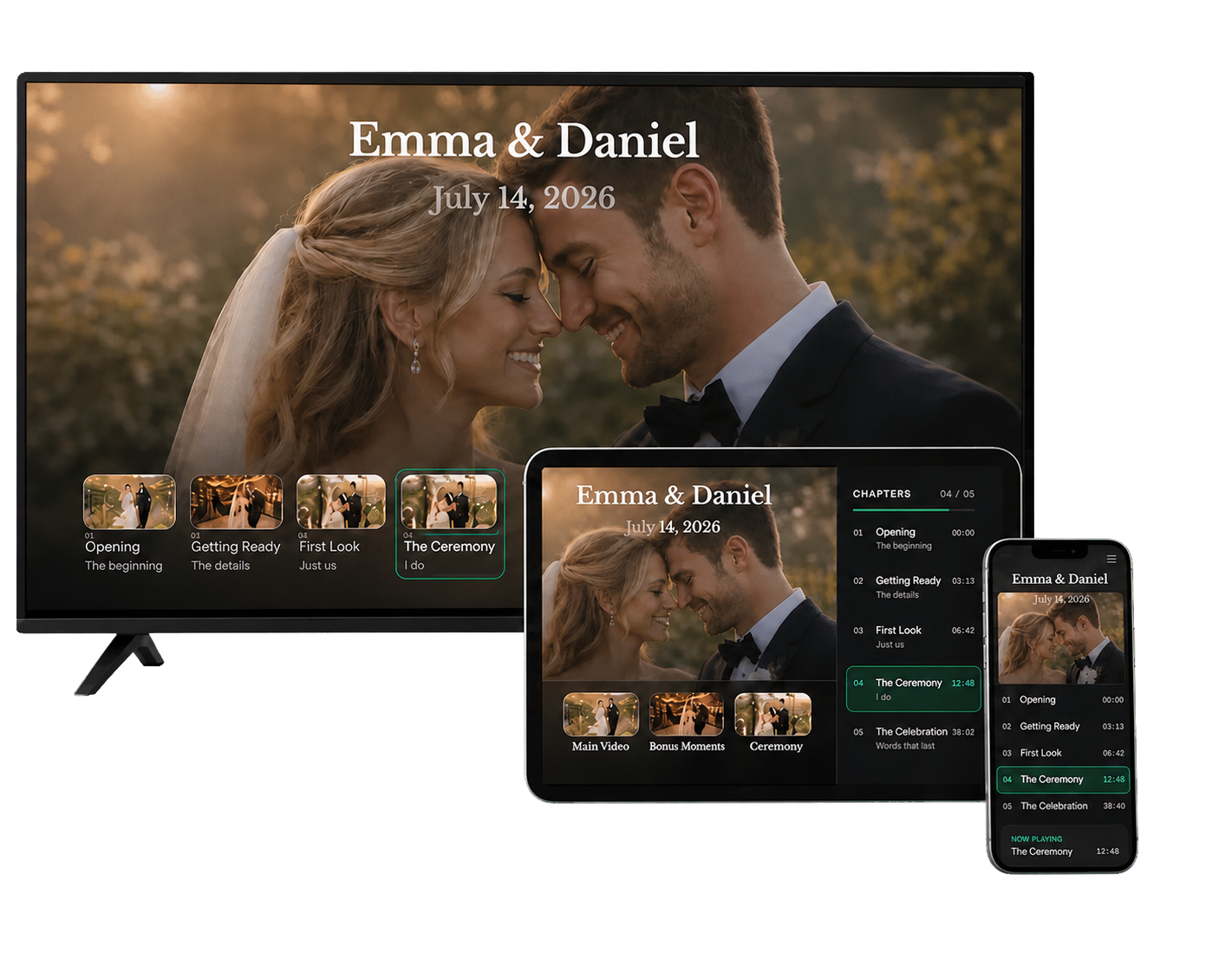 The same TouchStory wedding experience displayed on a television, tablet, and phone
